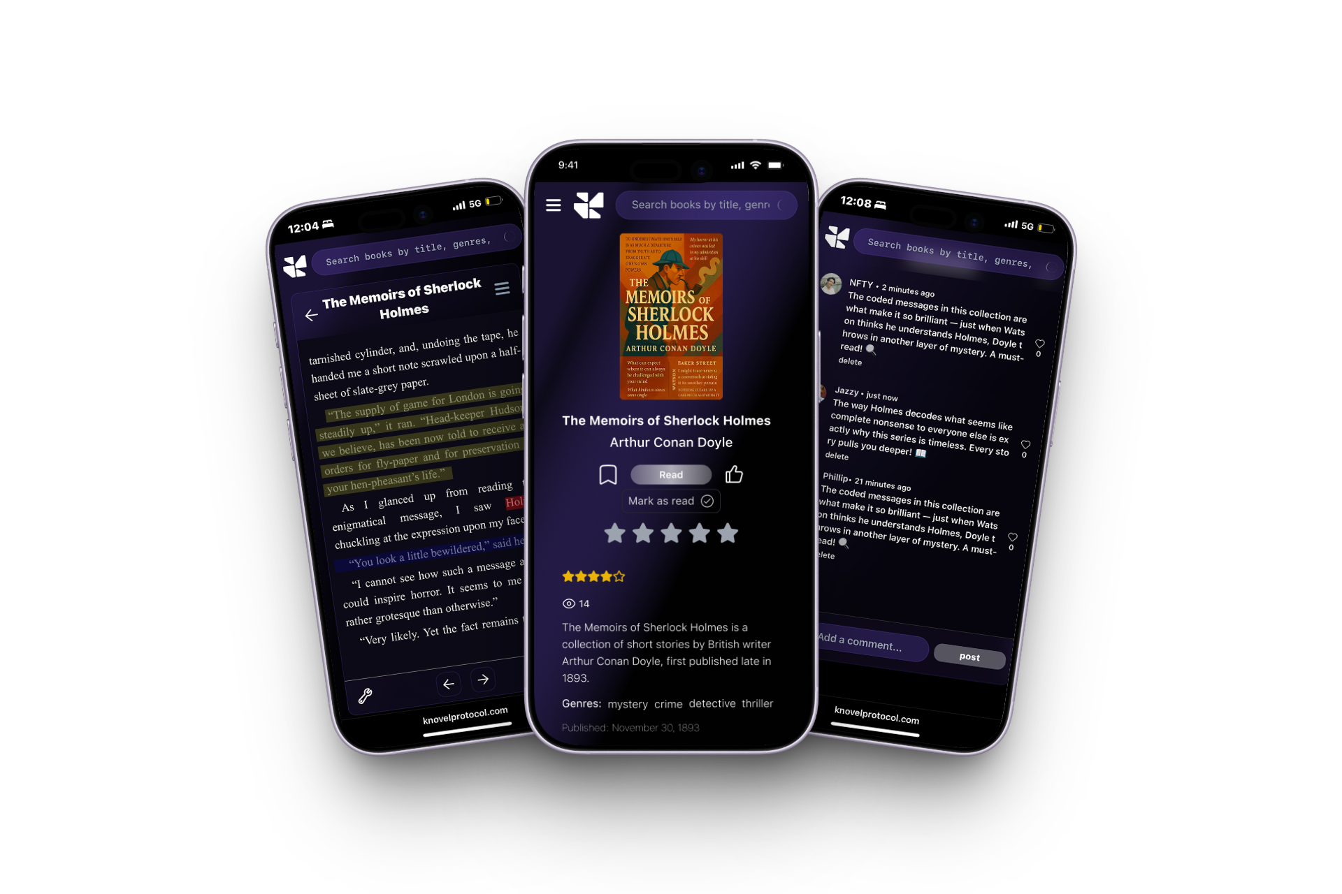 Knovel Protocol mobile app showing book reader, detail page, and comments